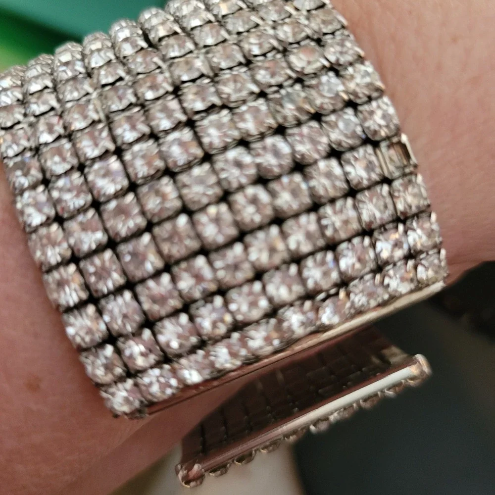 Vintage Clear Rhinestone 10 Row Wide Cuff Bracelet Silver Tone Statement Jewelry